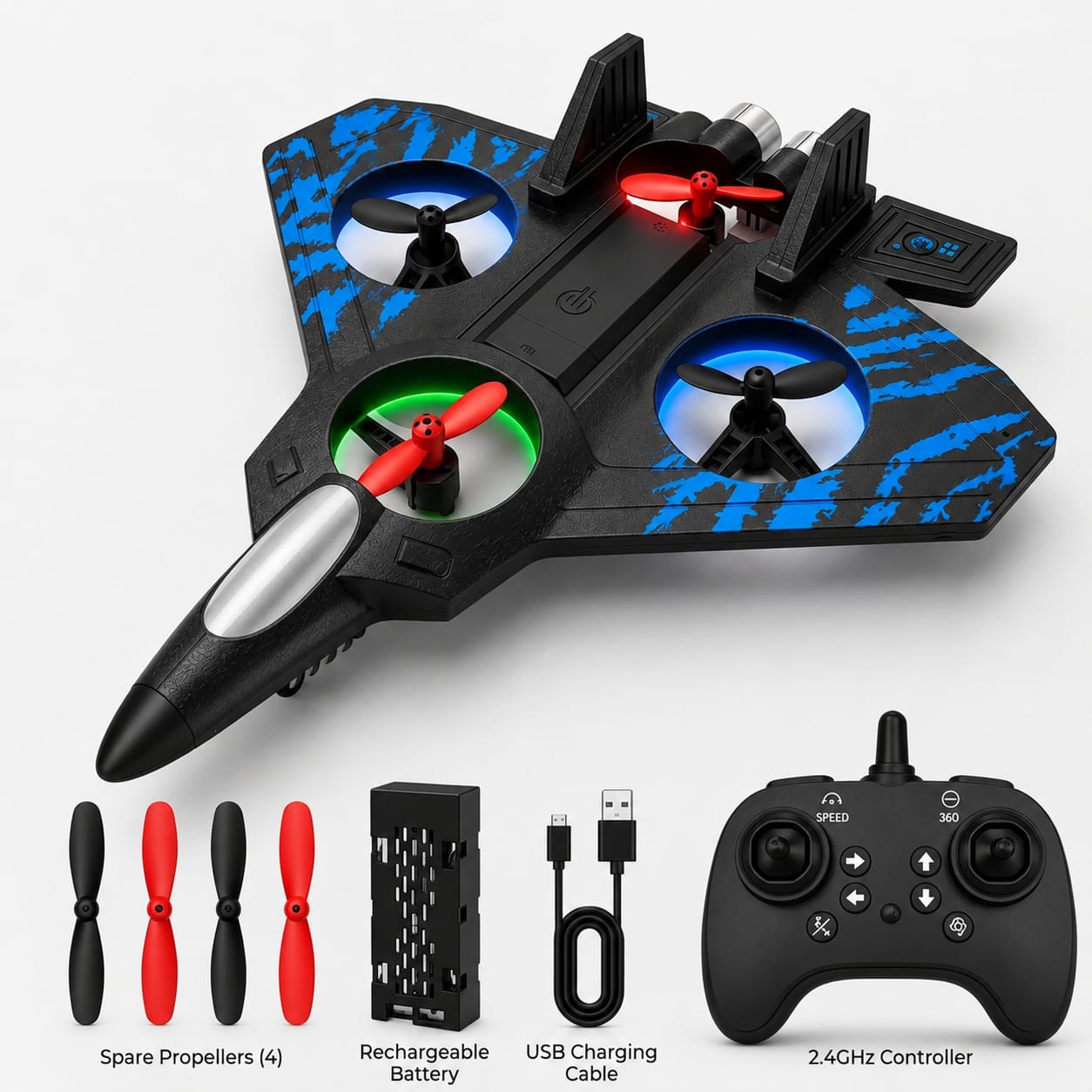 L0712 Remote Control Fighter Jet – Quad Propeller RC Airplane with 360° Stunt Flying